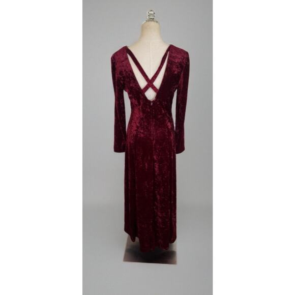 Vintage 80s Molly Malloy Size 8 Crushed Velvet Maroon Red Midi Dress Open Back - Picture 2 of 13